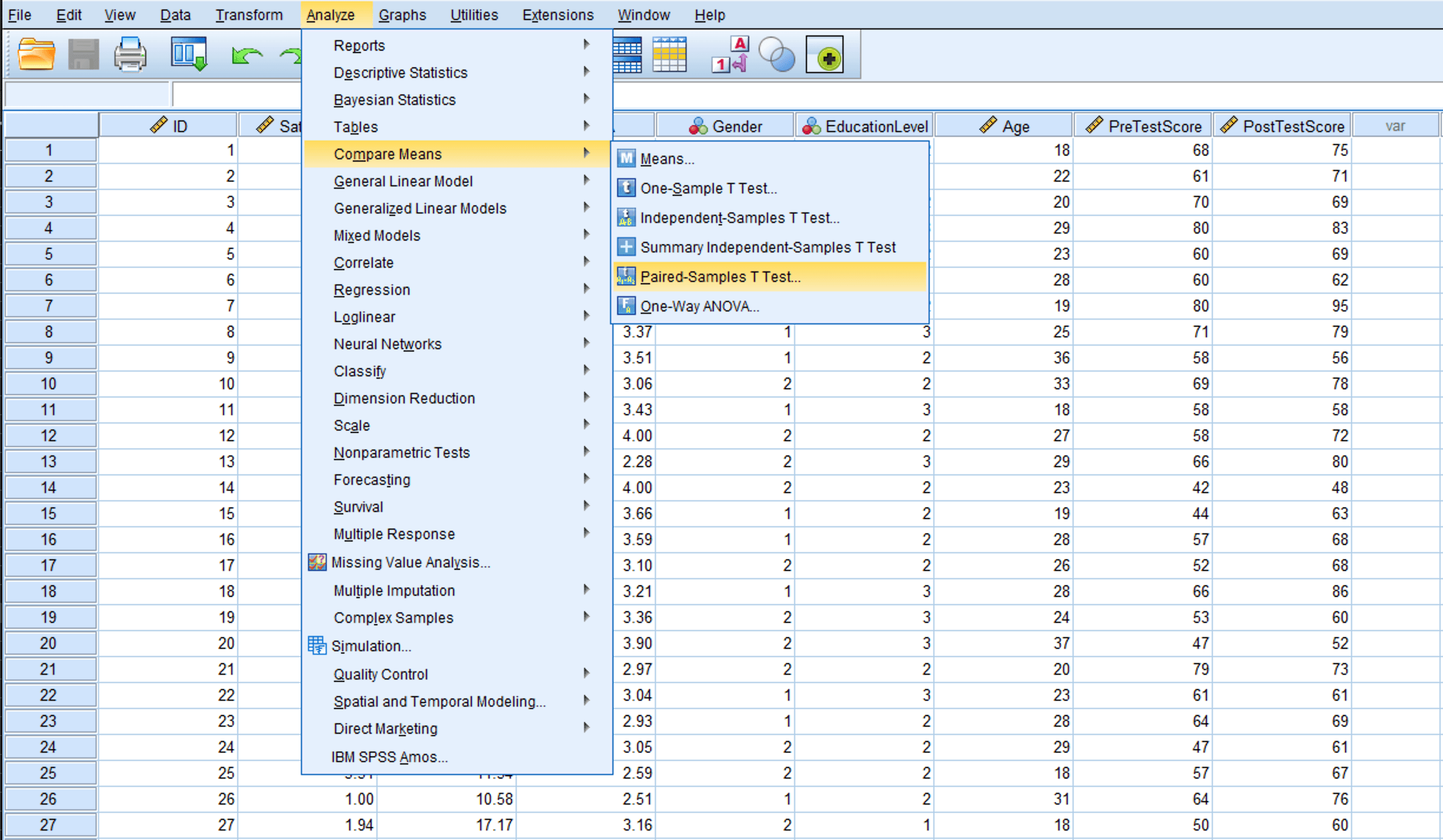 Meniul SPSS cu calea Analyze, Compare Means, Paired-Samples T Test selectat