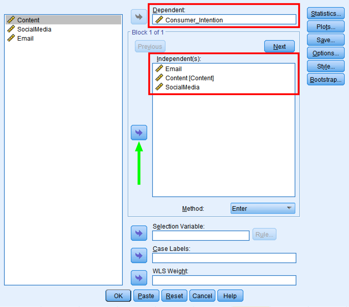 หน้าต่าง Linear Regression ของ SPSS แสดงการเลือกตัวแปรโดย Consumer_Intention เป็น Dependent และตัวทำนายสามตัวเป็น Independent