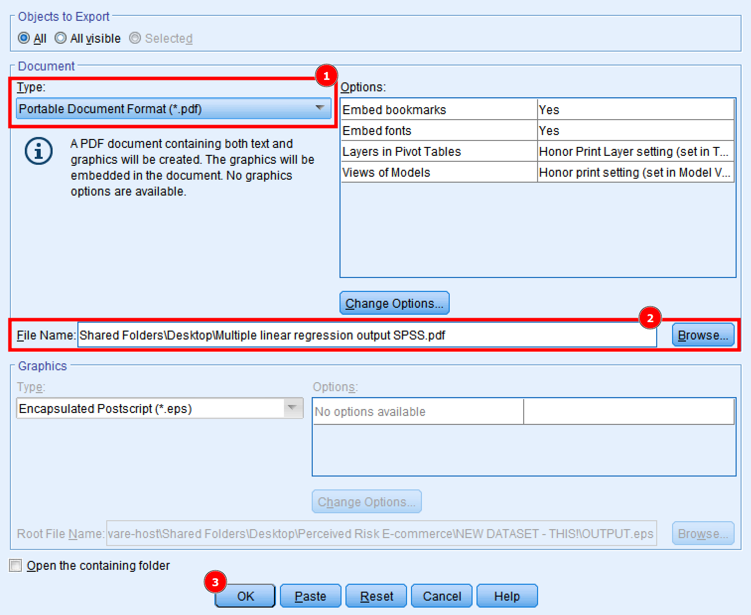 หน้าต่าง Export Output ของ SPSS แสดงการเลือกรูปแบบ PDF และตัวเลือกตำแหน่งไฟล์