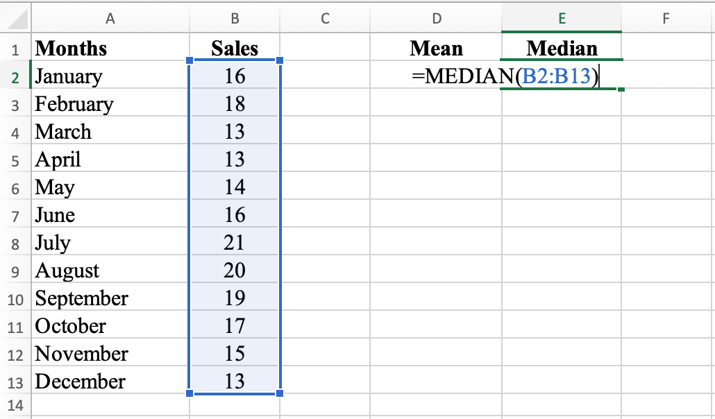 Spreadsheet ของ Excel แสดงฟังก์ชัน MEDIAN โดยมีผลลัพธ์เป็น 16
