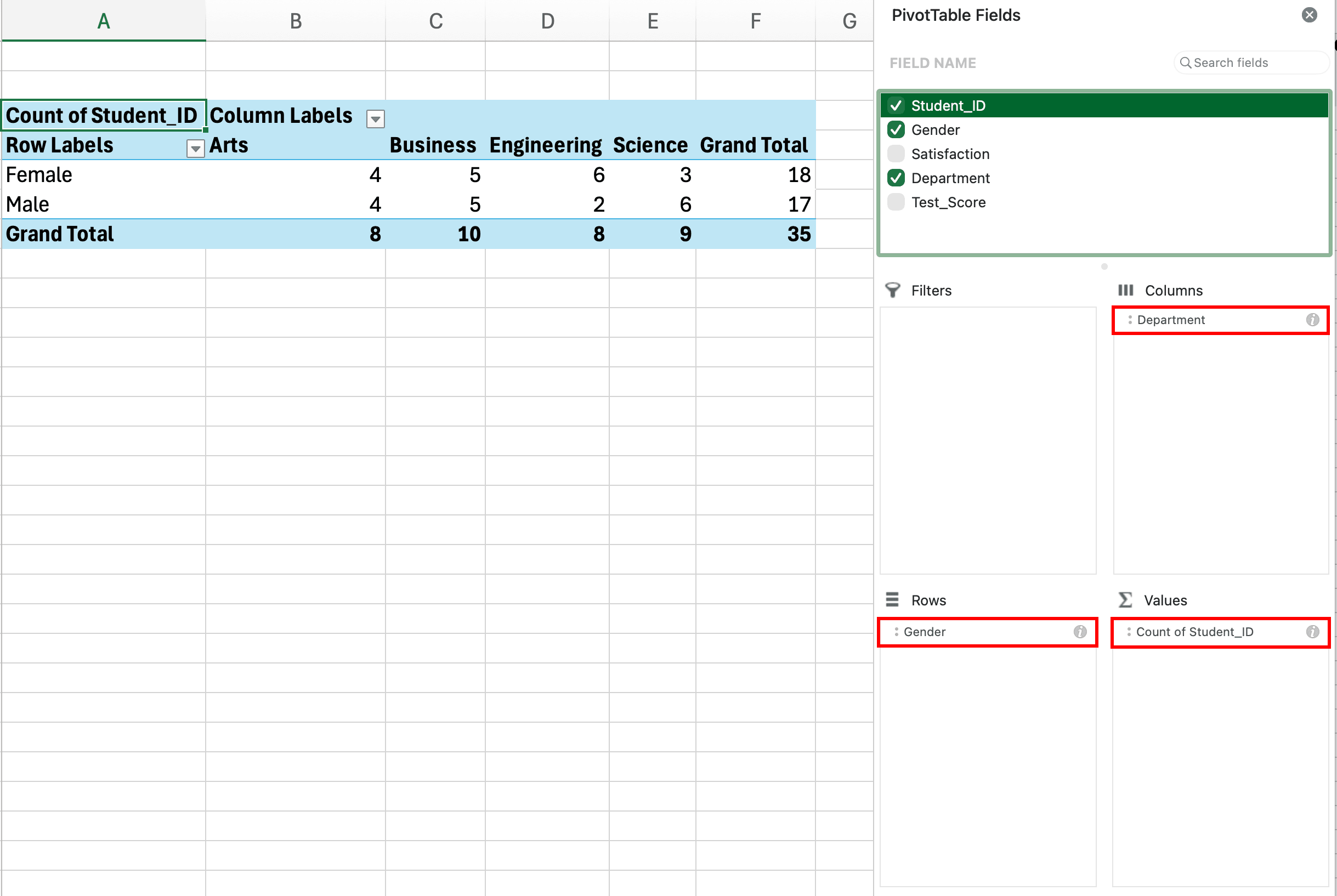 บานหน้าต่าง PivotTable Fields ใน Excel ที่ตั้งค่าสำหรับ cross-tabulation ด้วยฟิลด์ Gender ในพื้นที่ Rows และฟิลด์ Satisfaction ในพื้นที่ Columns แสดงการแจกแจงความถี่สองทาง