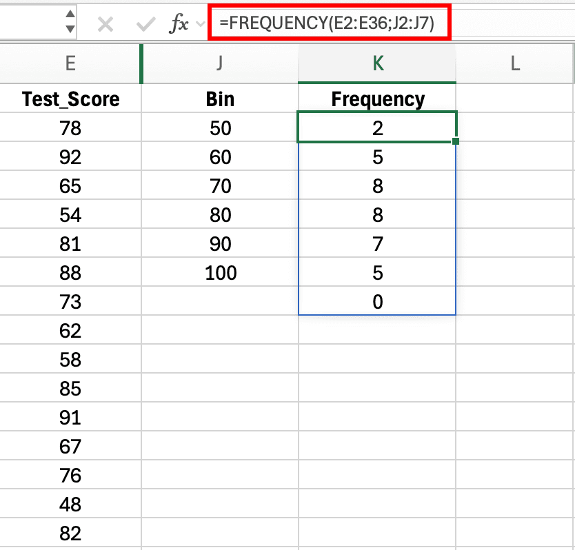 Excel FREQUENCY function array formula in formula bar showing bin ranges in one column and resulting frequency distribution counts in adjacent column for grouped continuous data