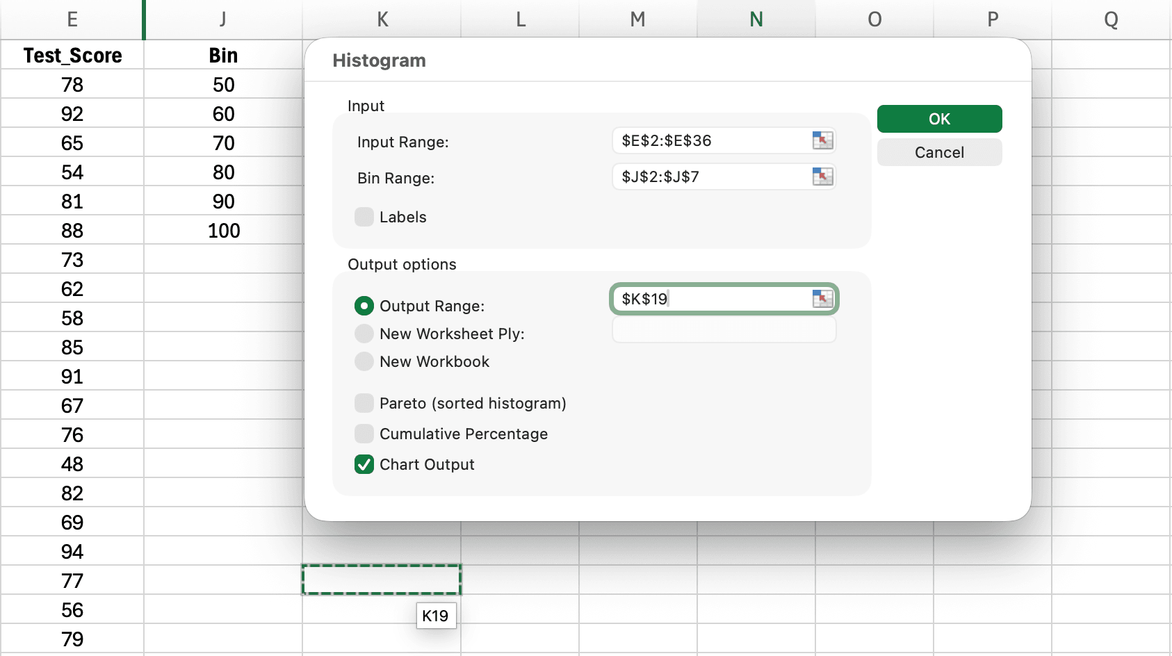 Excel Data Analysis Toolpak Histogram dialog box showing input range field, bin range field, output options, and chart output checkbox for generating frequency tables with histograms