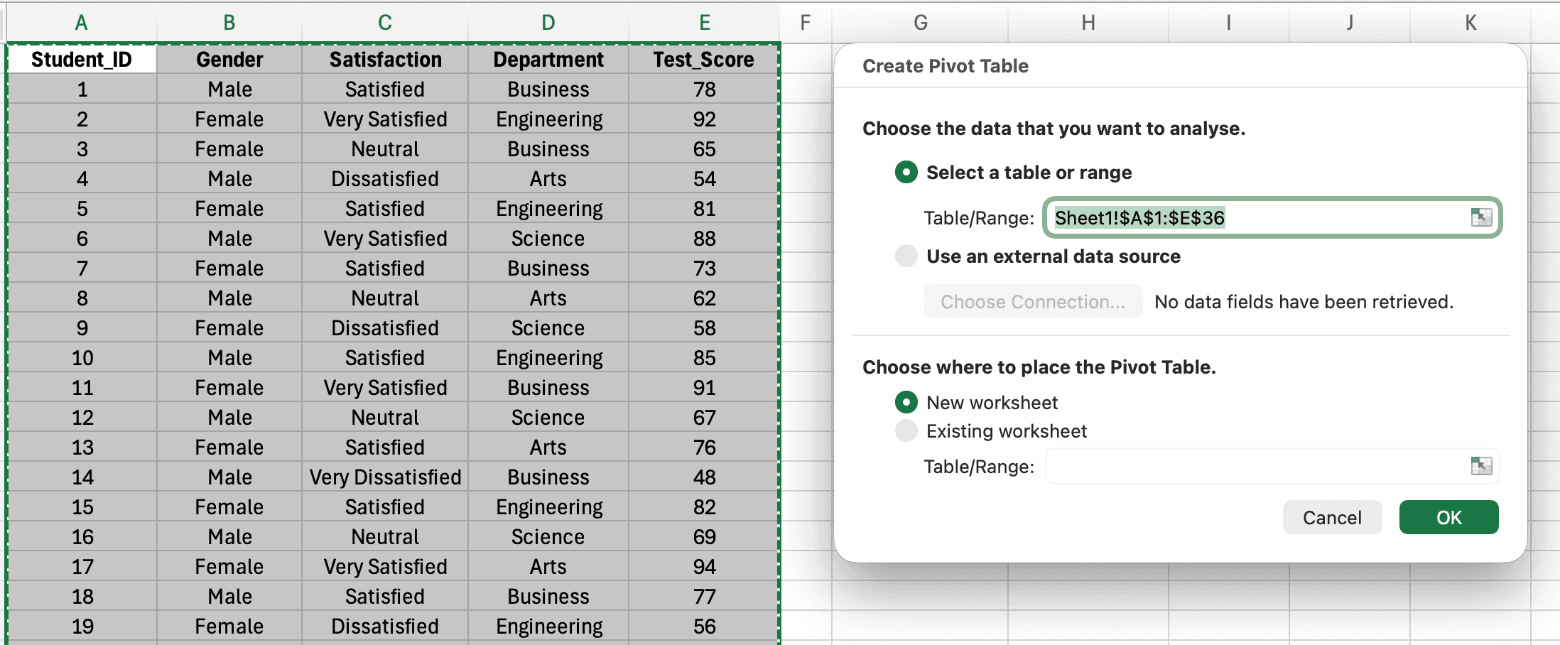 กล่องโต้ตอบ Create PivotTable ใน Excel แสดงฟิลด์เลือกช่วงตารางและตัวเลือกสำหรับวาง pivot table ในแผ่นงานใหม่หรือแผ่นงานที่มีอยู่