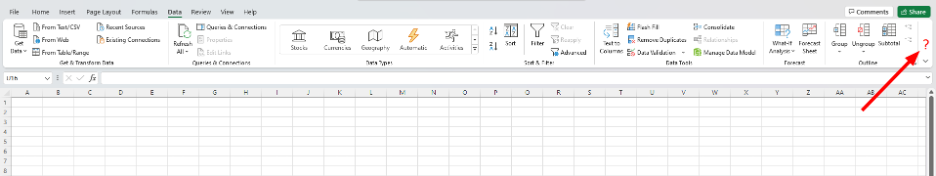 แท็บ Data ของ Excel ที่ยังไม่มีปุ่ม Data Analysis ในแถบเครื่องมือ