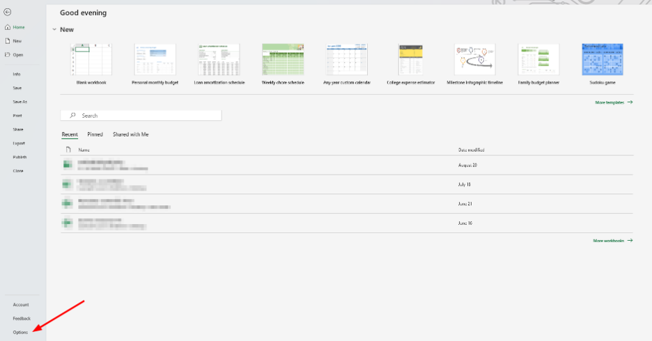 เมนู File ของ Excel ที่แสดง Options สำหรับการติดตั้ง Add-ins