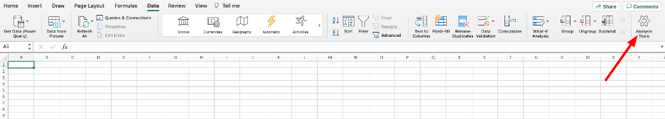 Excel สำหรับ Mac ที่แสดงไอคอน Analysis Tools ในแท็บ Data