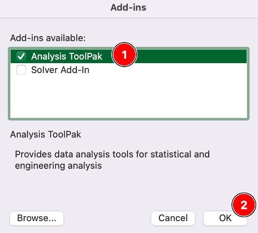 หน้าต่าง Add-ins ของ Excel สำหรับ Mac พร้อม Analysis ToolPak Checkbox