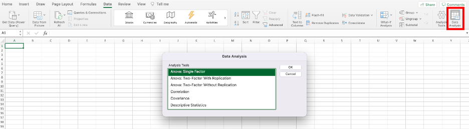 แท็บ Data ของ Excel สำหรับ Mac ที่แสดงปุ่ม Data Analysis หลังการติดตั้ง
