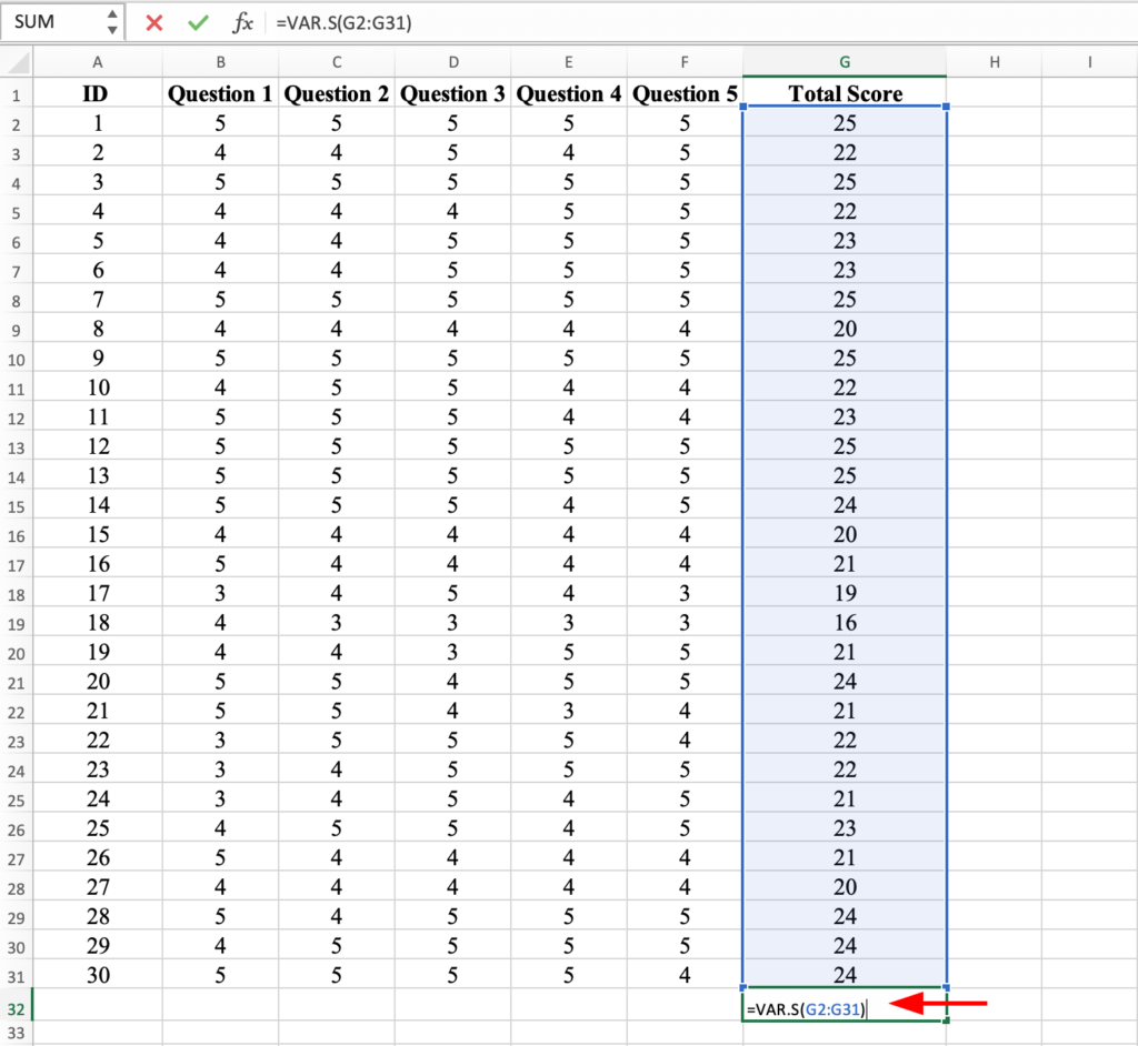 เซลล์ Excel แสดงสูตร =VAR.S ที่กำลังถูกป้อนเพื่อคำนวณ Variance ของคอลัมน์ Total Score G โดยเลือกช่วงเซลล์ G2:G31