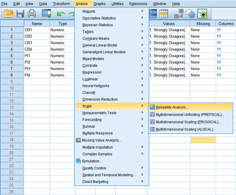 เมนู SPSS แสดงการไปที่ Analyze → Scale → Reliability Analysis