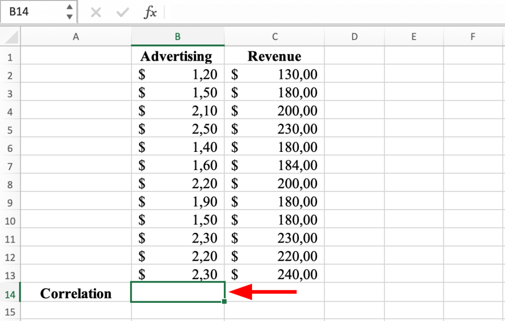 เวิร์กชีต Excel พร้อมเซลล์ที่เลือกสำหรับแสดงผลลัพธ์ Pearson Correlation Coefficient