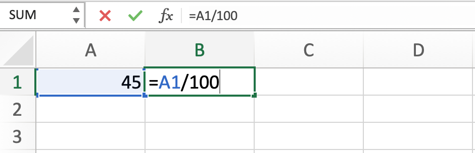 สเปรดชีต Excel แสดงสูตรการแปลง Percentage เป็น Decimal โดยใช้การหารด้วย 100