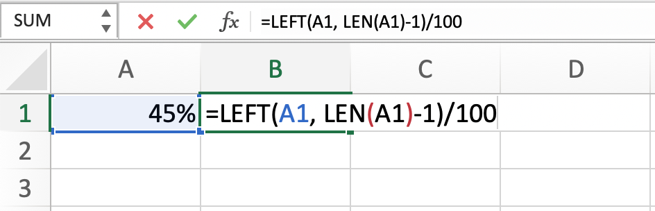 สูตร Excel ใช้ฟังก์ชัน LEFT และ LEN เพื่อลบสัญลักษณ์ Percentage ก่อนการแปลง