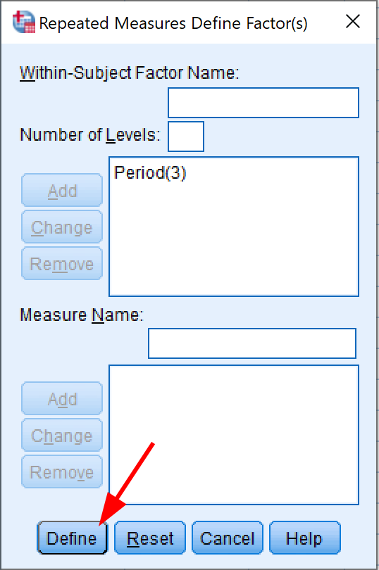 หน้าต่าง SPSS Repeated Measures Define Factor พร้อม Period(3) ที่เพิ่มแล้ว
