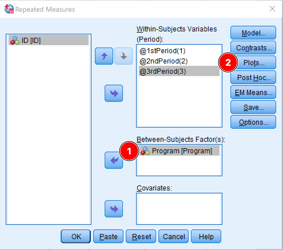 หน้าต่าง SPSS Repeated Measures ด้วยตัวแปร Program เป็น Between-Subjects Factor