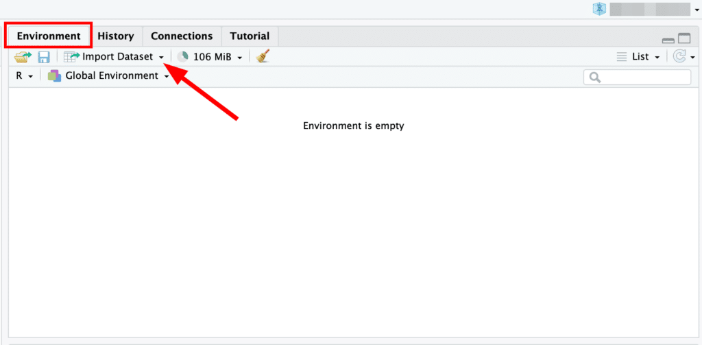 หน้าต่าง Environment ของ RStudio แสดงเมนู Import Dataset สำหรับนำเข้าไฟล์ Excel เข้า R