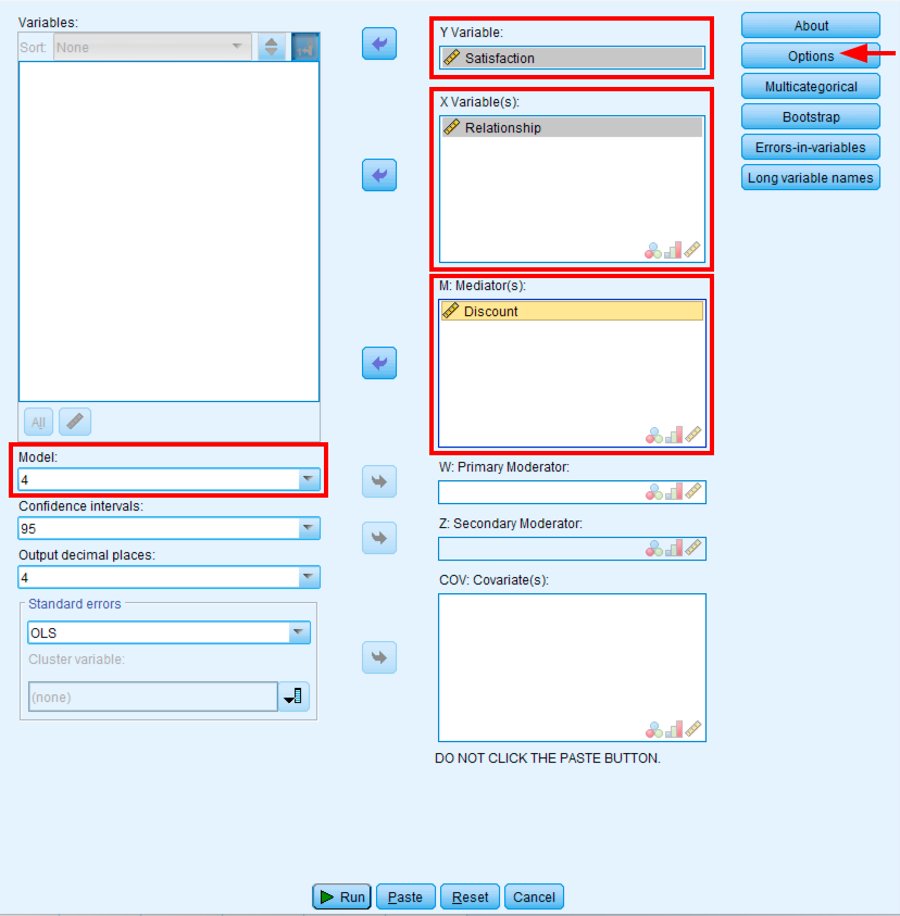 หน้าต่าง PROCESS Macro แสดงการเลือก Model 4, Satisfaction เป็น Y, Relationship เป็น X และ Discount เป็น M