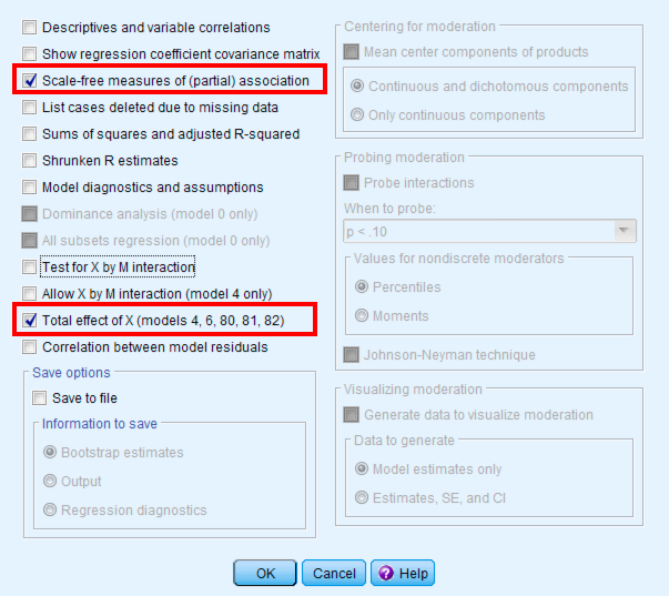 หน้าต่าง PROCESS Options แสดงการเลือก Show total effect model, Standardized effects และ Bootstrap 5000 ครั้ง