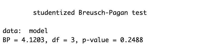 ผลลัพธ์ Breusch-Pagan Test ใน R แสดงค่าสถิติ 4.1203 และ p-value 0.2488 ยืนยัน Homoscedasticity