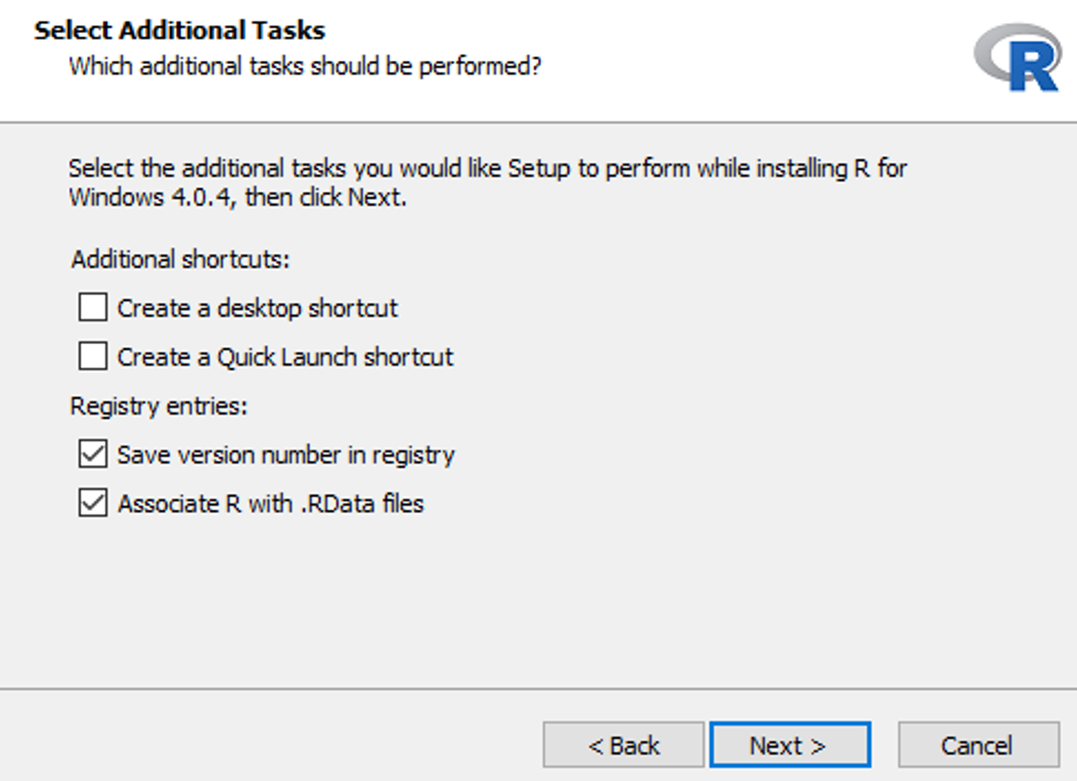 งานเพิ่มเติมของตัวติดตั้ง R ที่มีตัวเลือก Desktop Shortcut และ Quick Launch