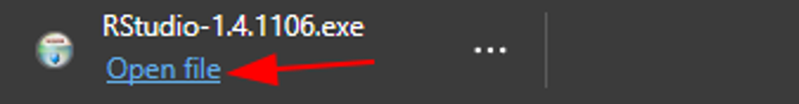การแจ้งเตือน Download ของ Browser แสดงตัวติดตั้ง RStudio ที่มีปุ่ม Open File