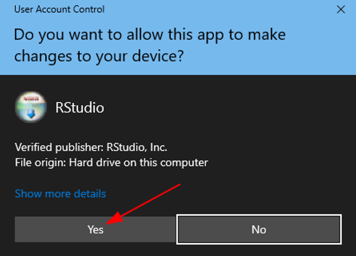 กล่องโต้ตอบ Windows User Account Control ขออนุญาตให้รันตัวติดตั้ง RStudio