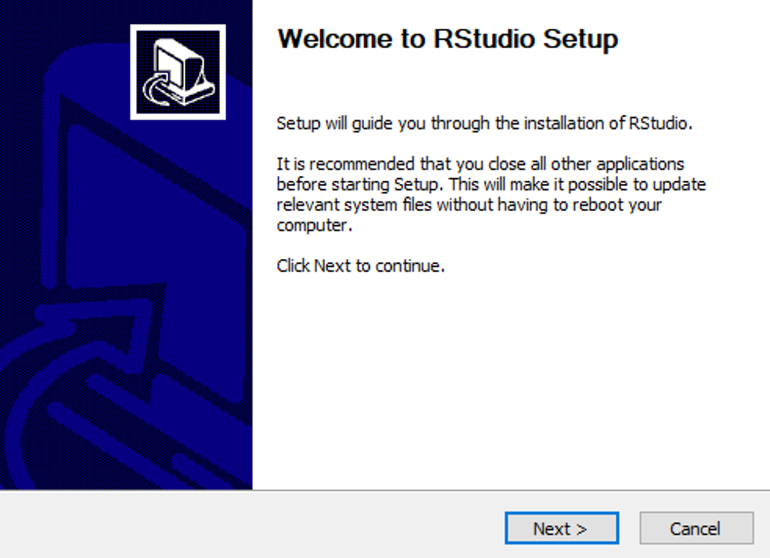 หน้าจอต้อนรับ RStudio Setup Wizard พร้อมปุ่ม Next