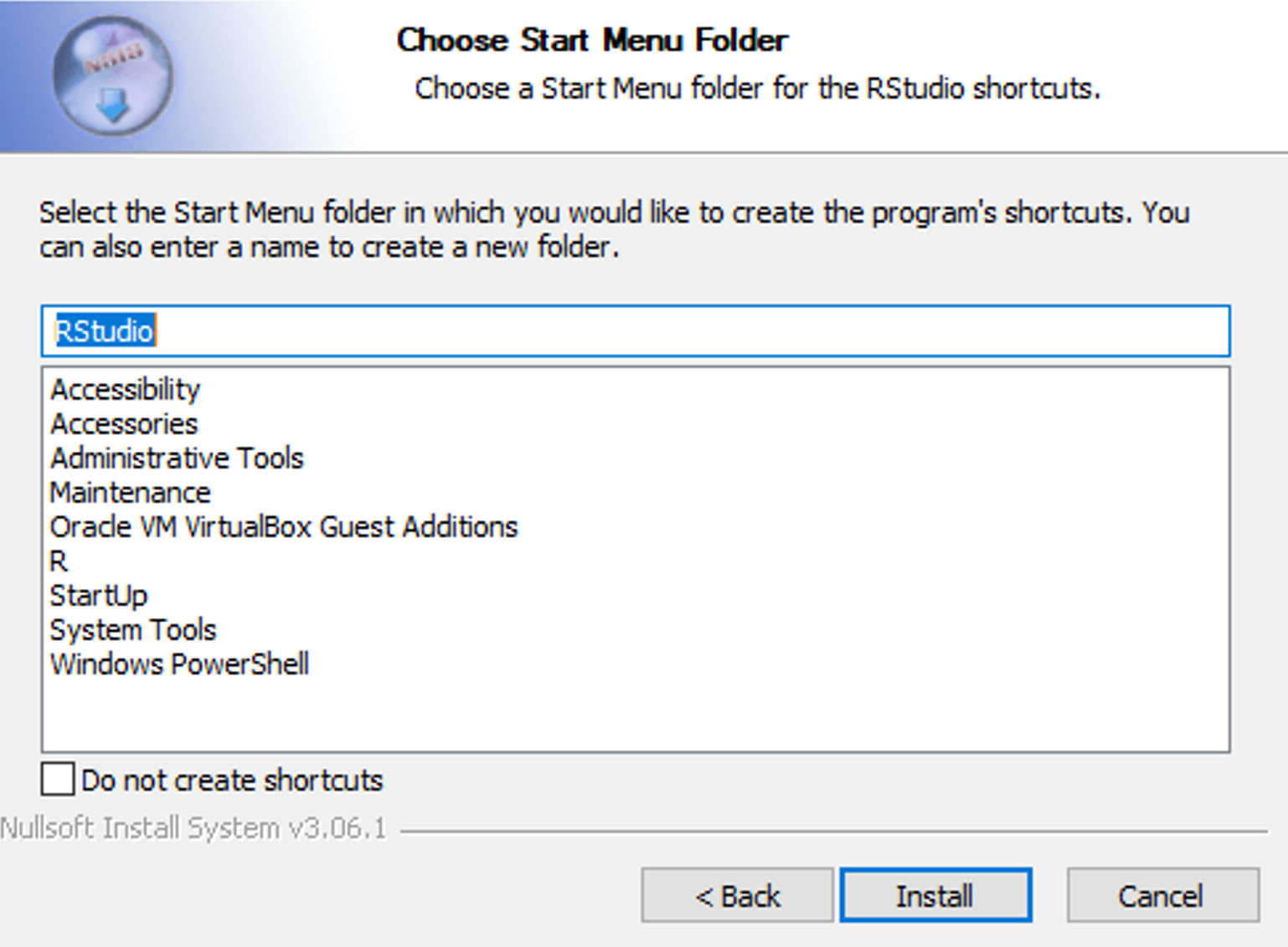 การเลือกโฟลเดอร์ Start Menu ของตัวติดตั้ง RStudio พร้อมปุ่ม Install