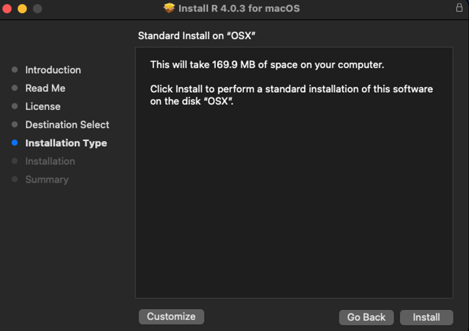 หน้าจอ Standard Install ของตัวติดตั้ง R แสดงพื้นที่ Disk ที่ต้องการบน macOS