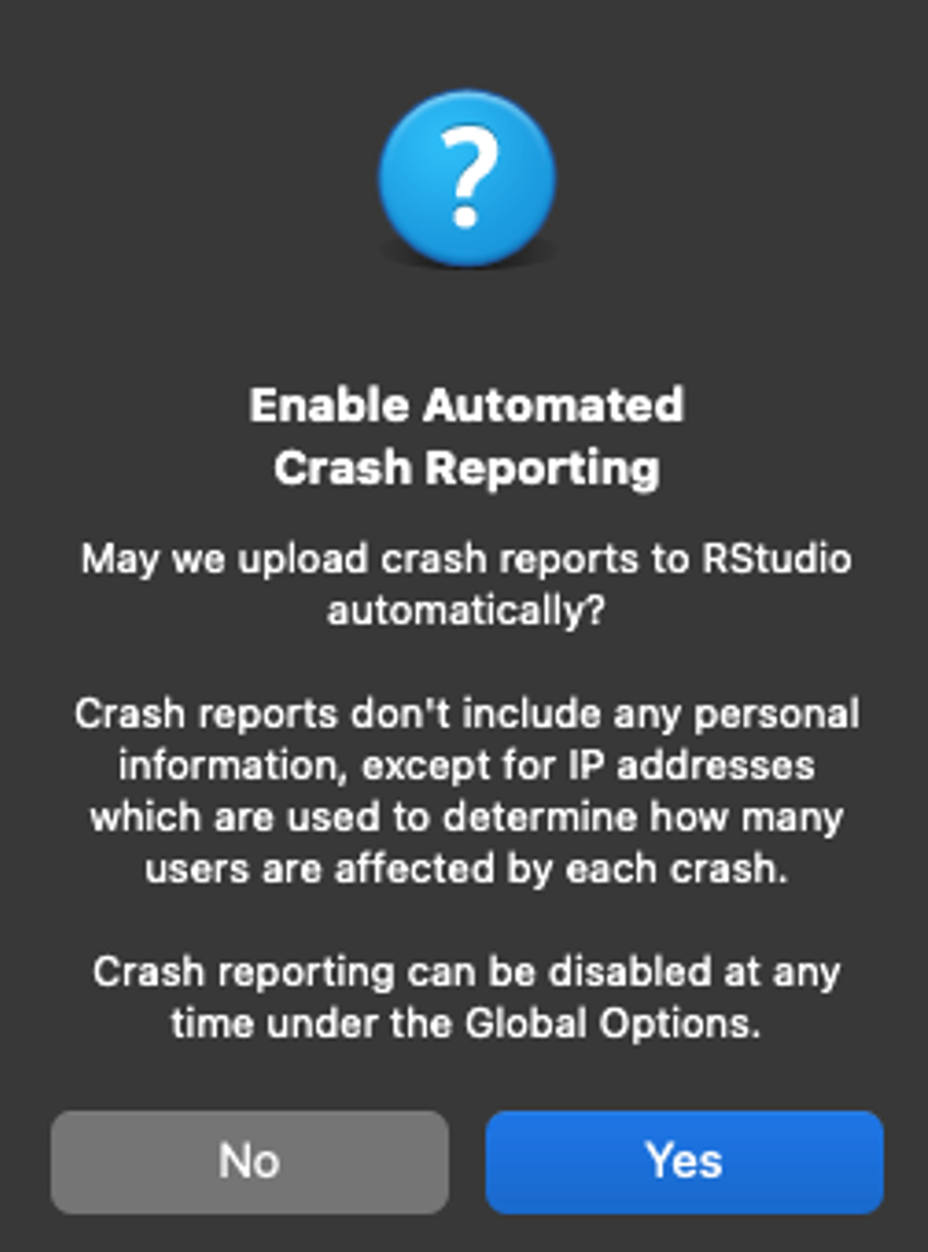 กล่องโต้ตอบ Automated Crash Reporting ของ RStudio บน macOS ที่มีตัวเลือก Yes และ No