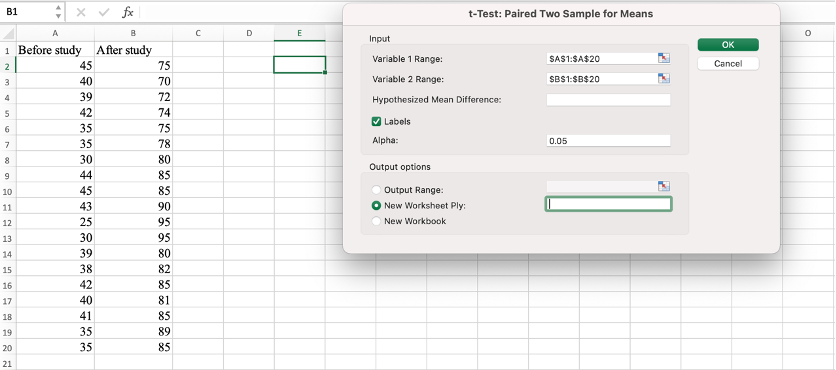 การเลือกหน้าต่าง t-Test: Paired Two Sample for Means. ที่มา: Uedufy
