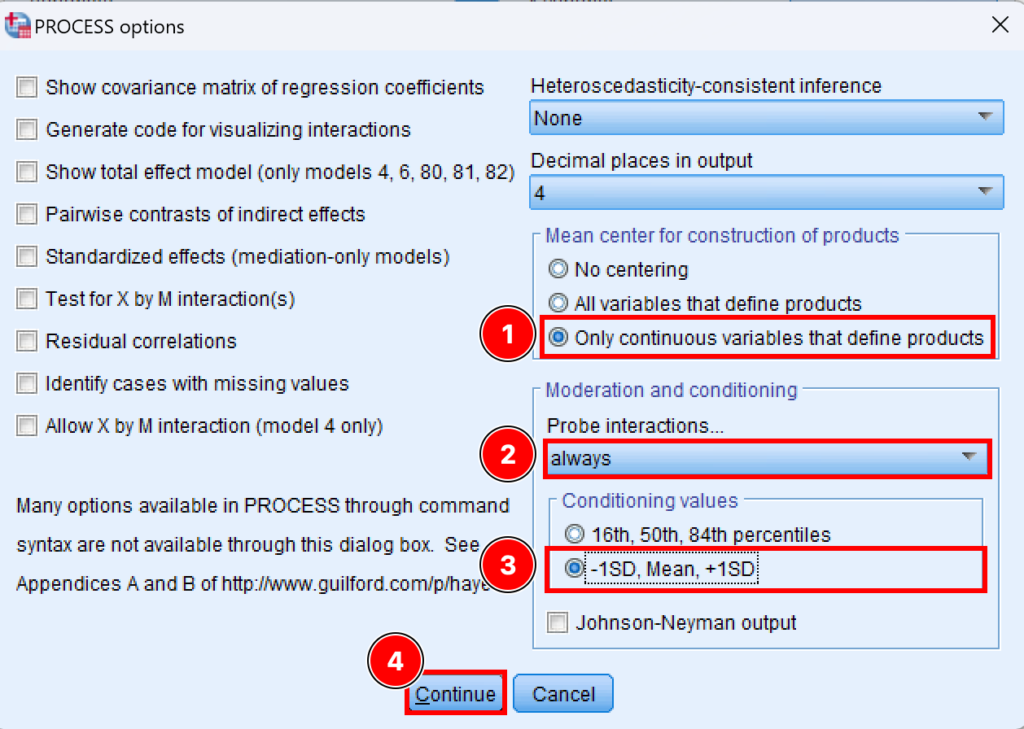 Setare optiuni analiza de moderare SPSS. Source: uedufy.com